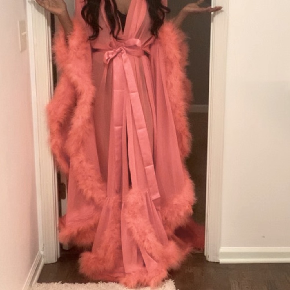 Catherine Dilish inspired Maribou trimmed robe (Peach color)